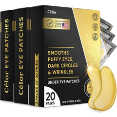 Celor under eye patches gold mask closeup showing hydrating formula for puffy eyes.