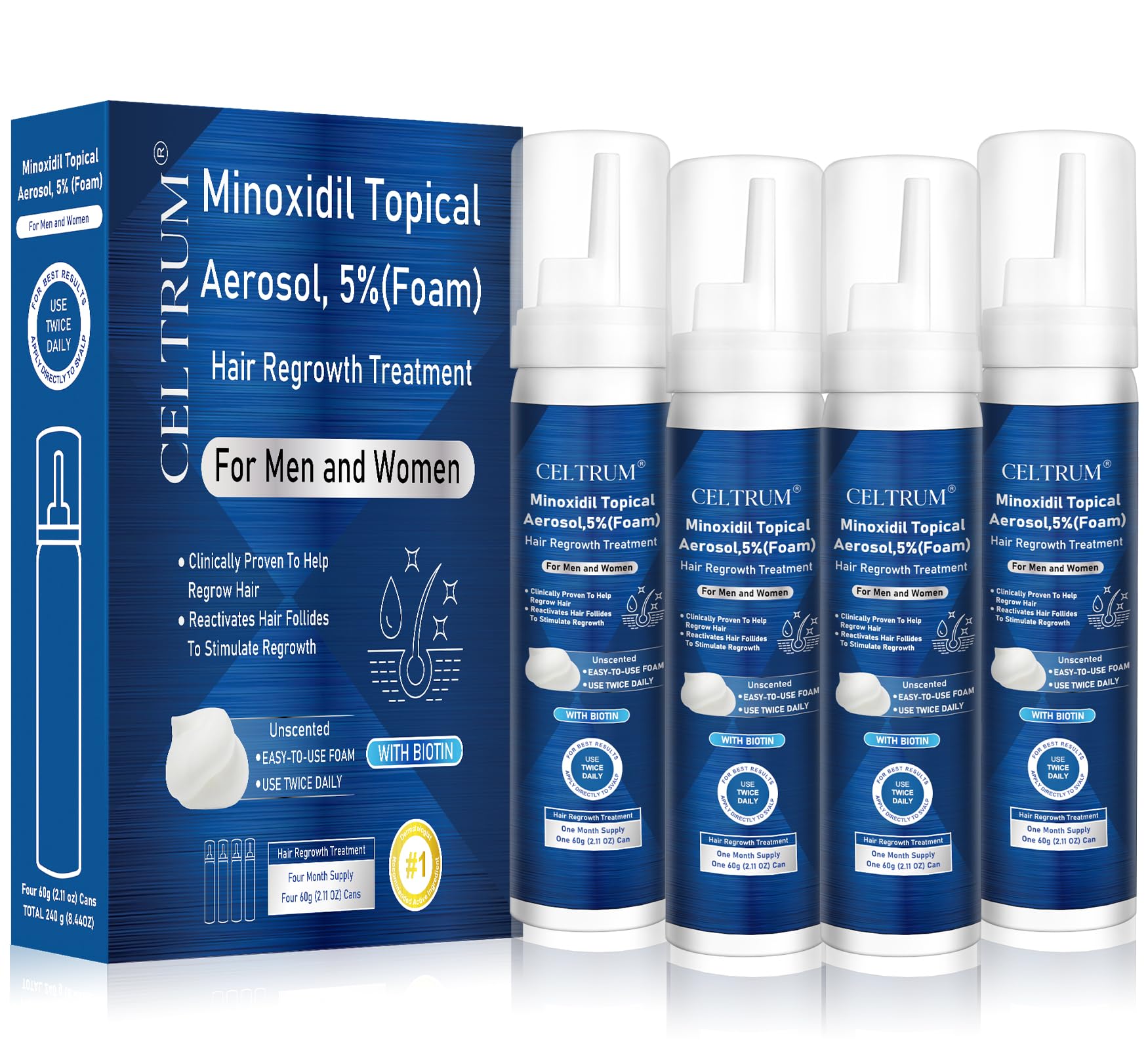 Celtrum 5% Minoxidil Foam bottle — unscented formula for scalp use and thicker hair.
