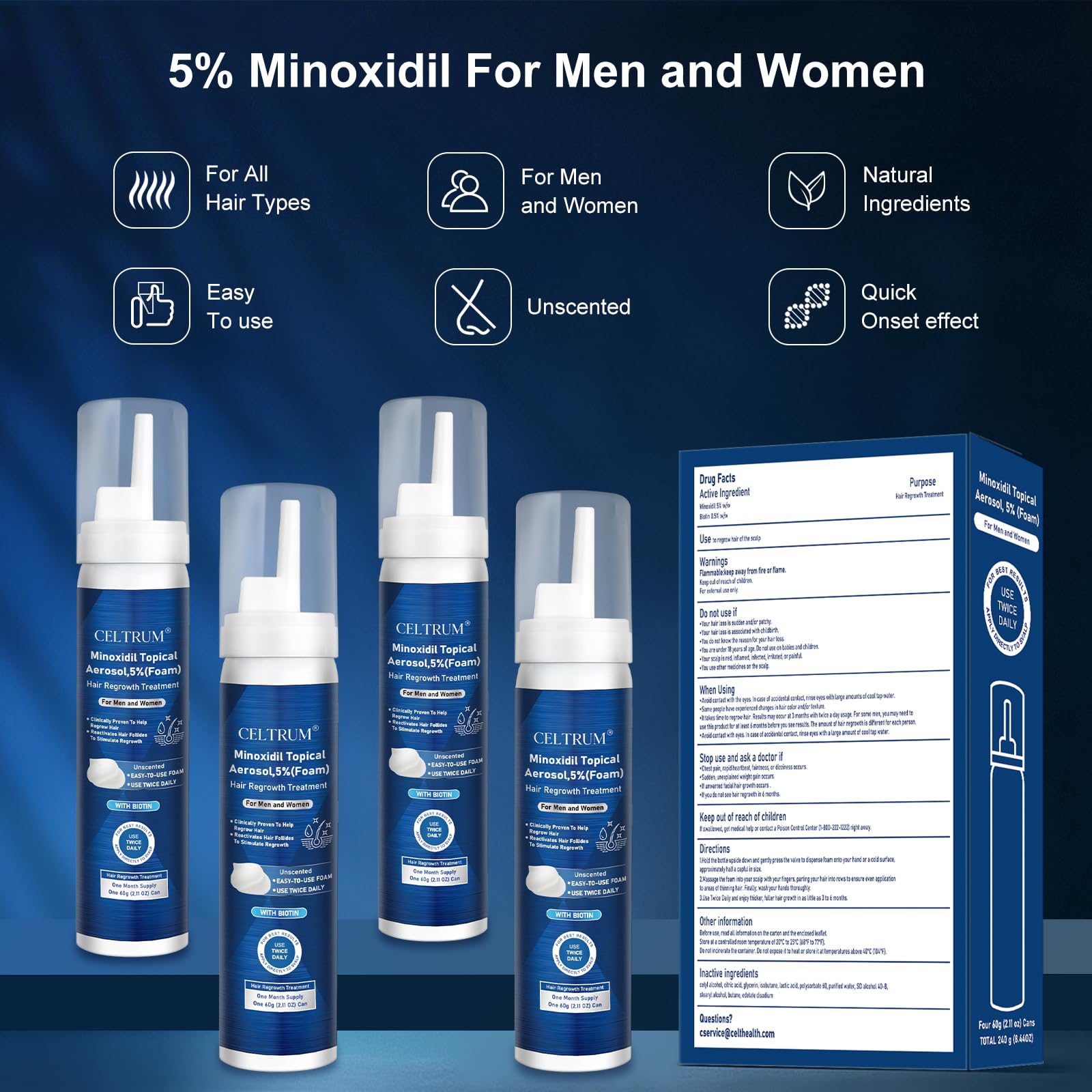 Celtrum Minoxidil Foam four-month supply image emphasizes value and ongoing use.