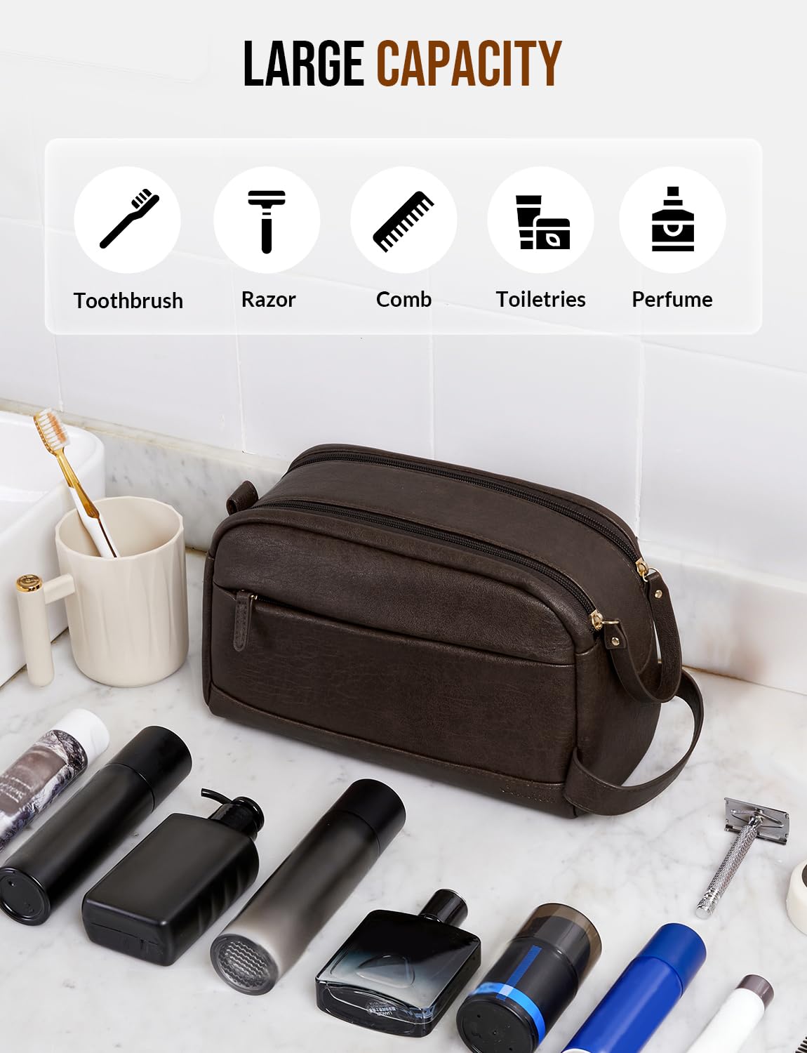 Celvetch PU leather toiletry bag close-up texture highlights durable water-resistant surface