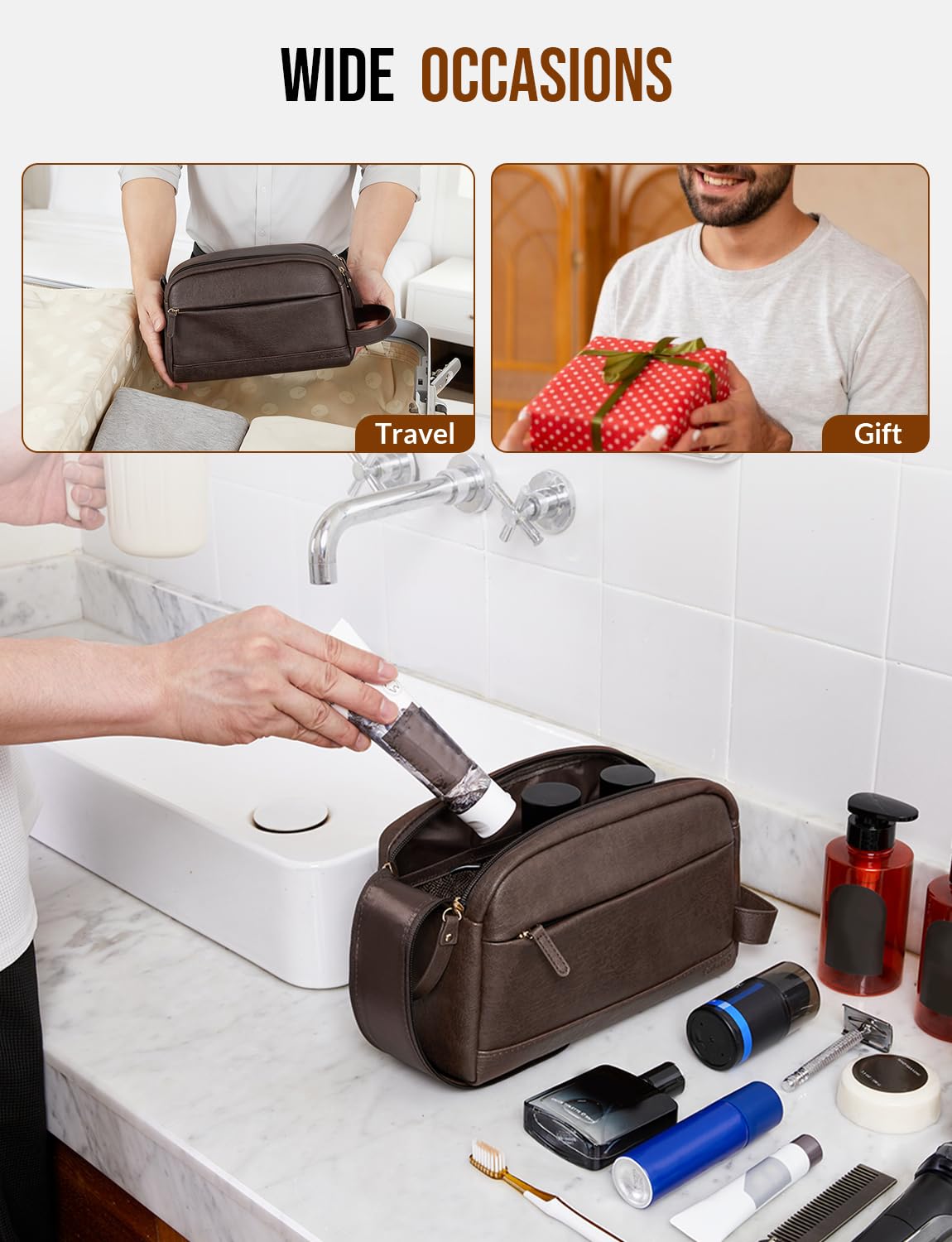Celvetch PU leather toiletry bag water-resistant surface protects contents during travel