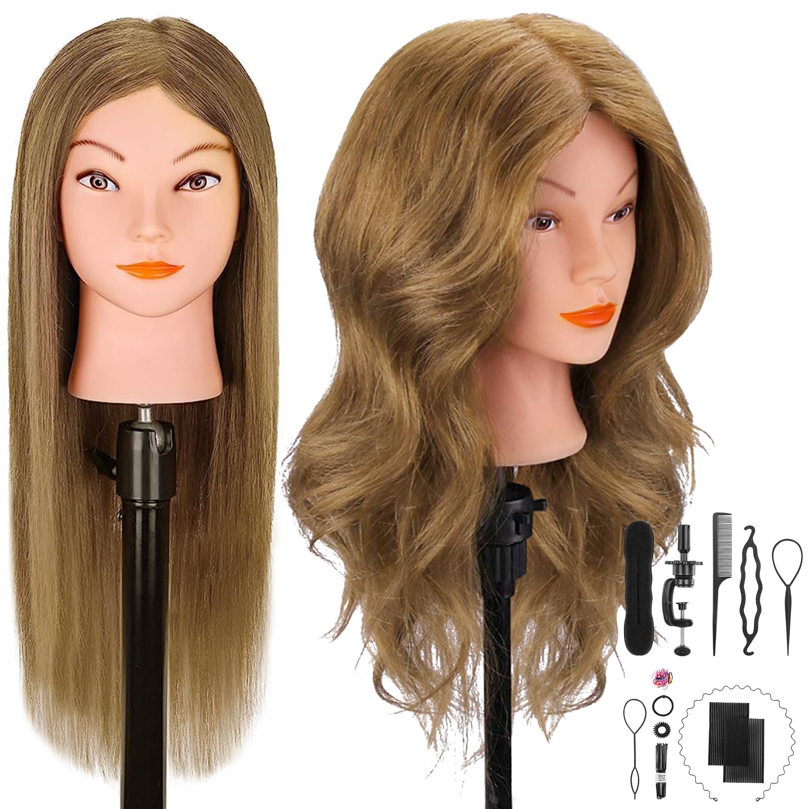 CENOZ 18-inch real-hair mannequin head with light-brown hair for lifelike salon practice.