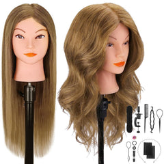 CENOZ 18-inch real-hair mannequin head with light-brown hair for lifelike salon practice.