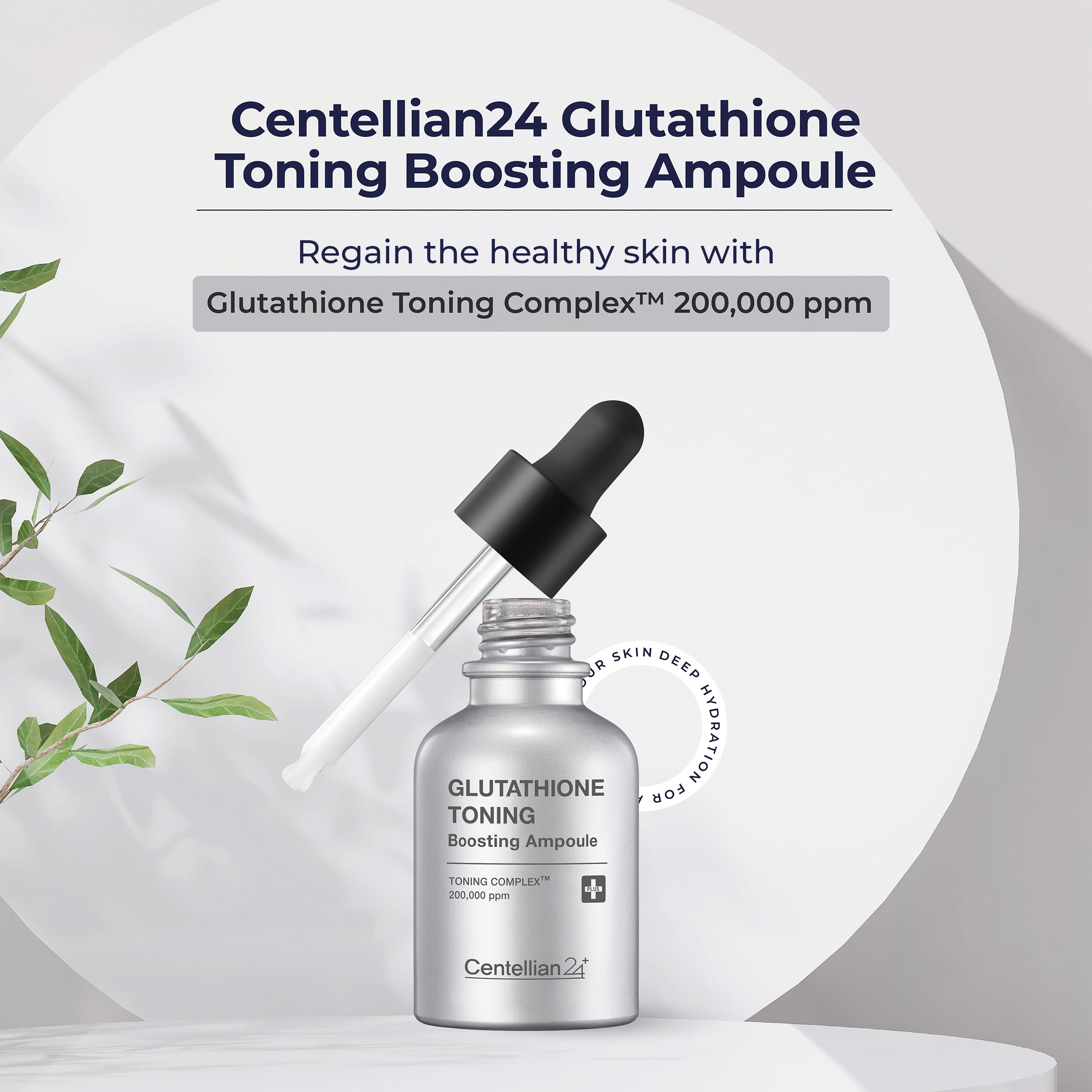 Centellian 24 glutathione-toning-ampoule droplet on skin suggests quick absorption.