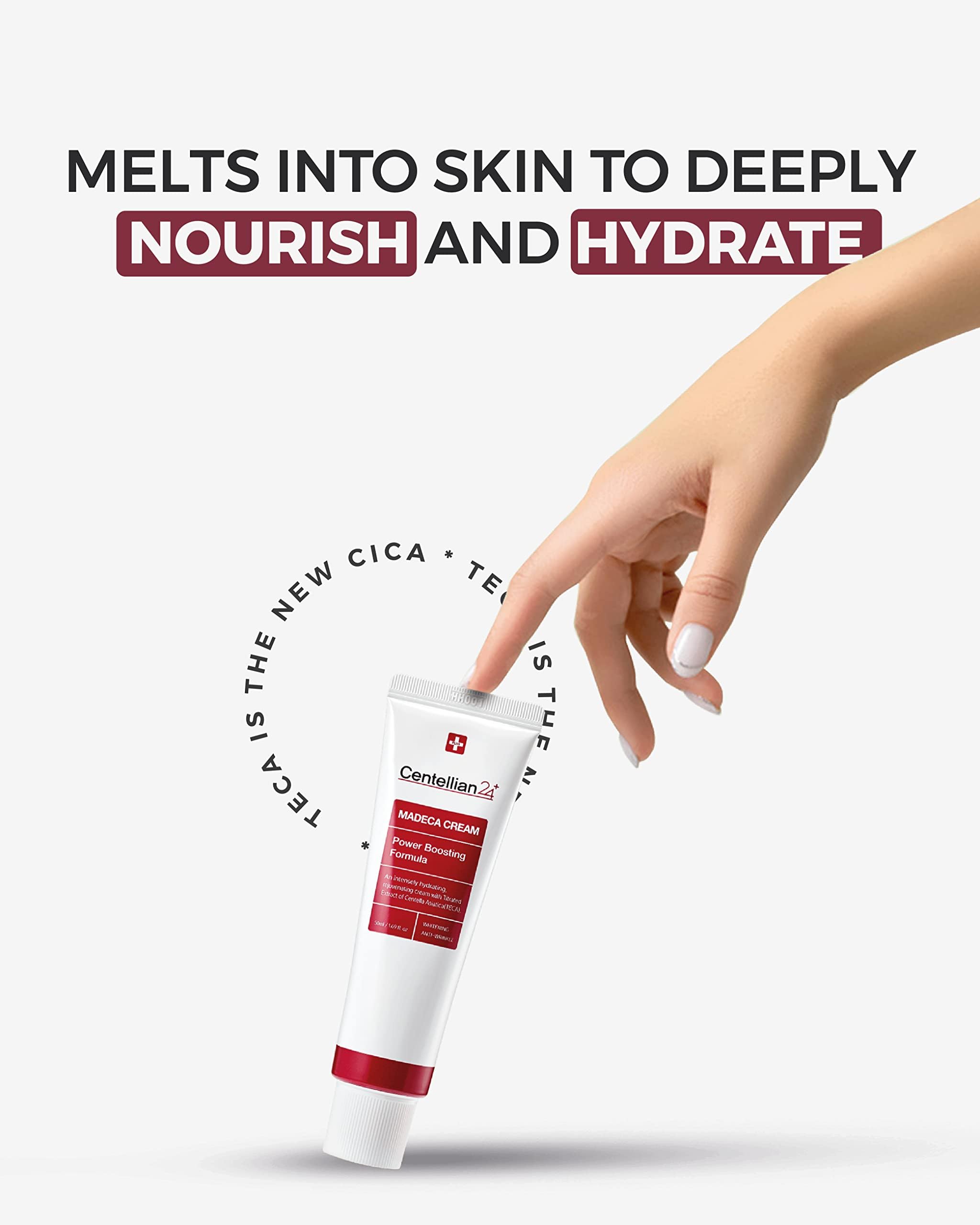 CENTELLIAN 24 Madeca Cream ingredient panel emphasizing TECA and hyaluronic acid benefits.