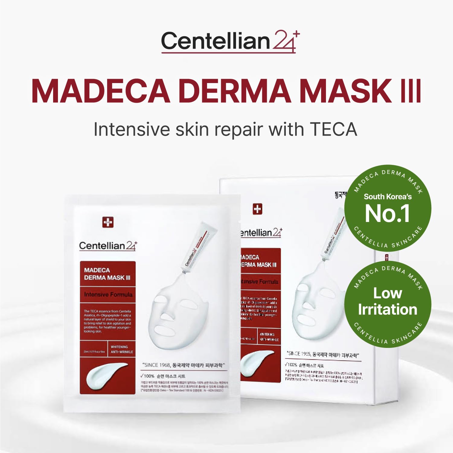 CENTELLIAN 24 Madeca Derma Mask sheet on face delivers soothing overnight hydration.