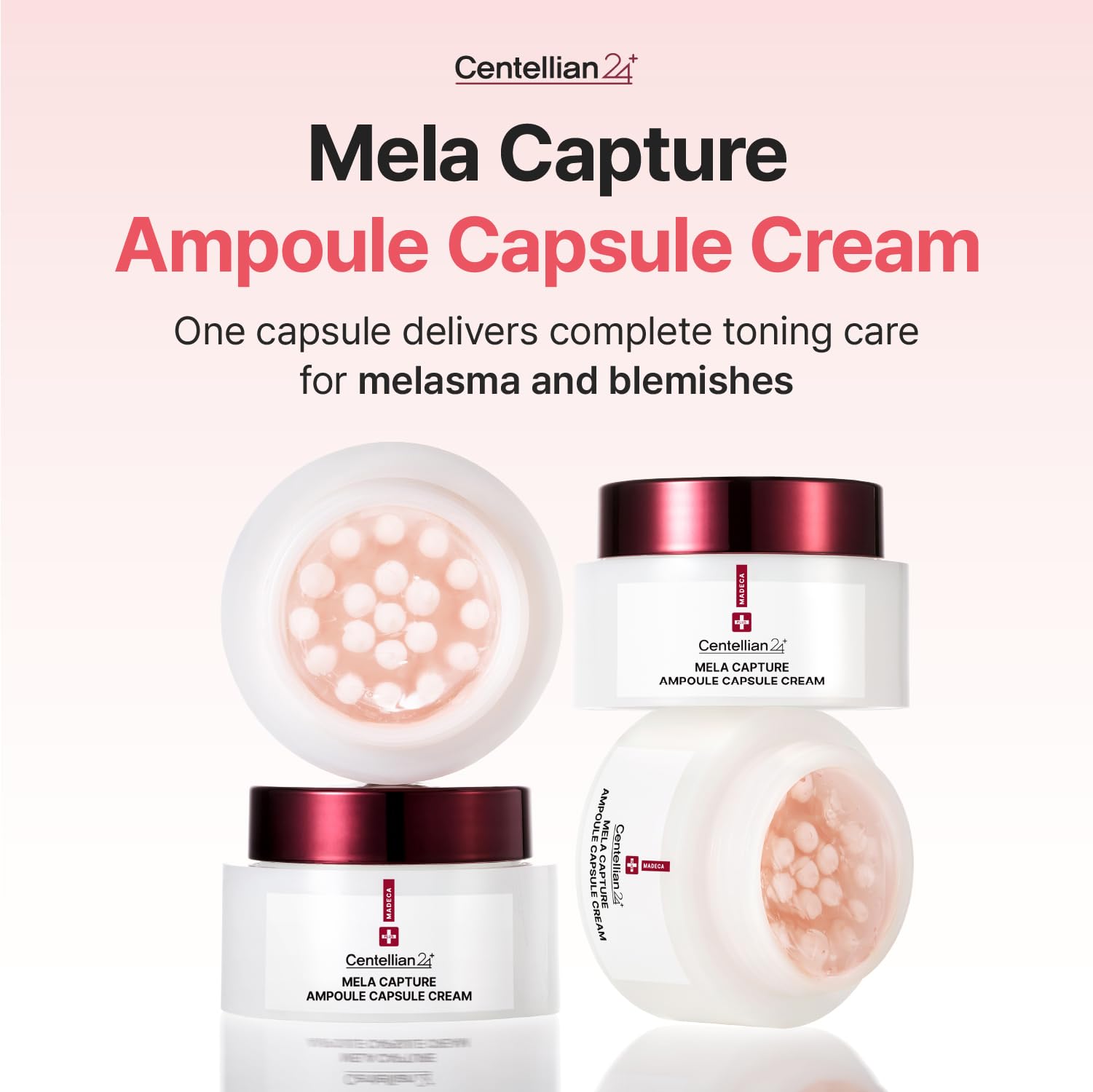 CENTELLIAN 24 Madeca Mela Capture Ampoule Capsule Cream ampoules close-up highlights centella and peptides for skin resilience.