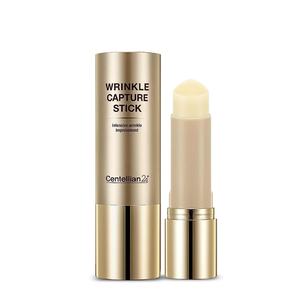 Centellian24 Madeca Wrinkle Capture Stick applied to forehead for targeted smoothing.