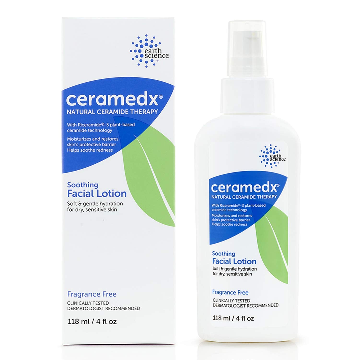 Ceramedx soothing facial lotion bottle with pump for lightweight hydration.