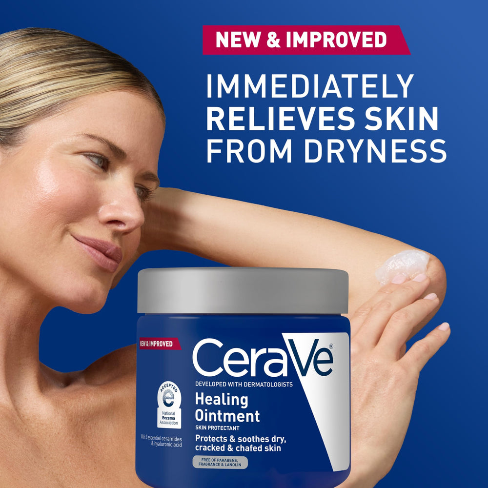 Hand applying CeraVe Healing Ointment to dry skin demonstrating quick sealing benefit
