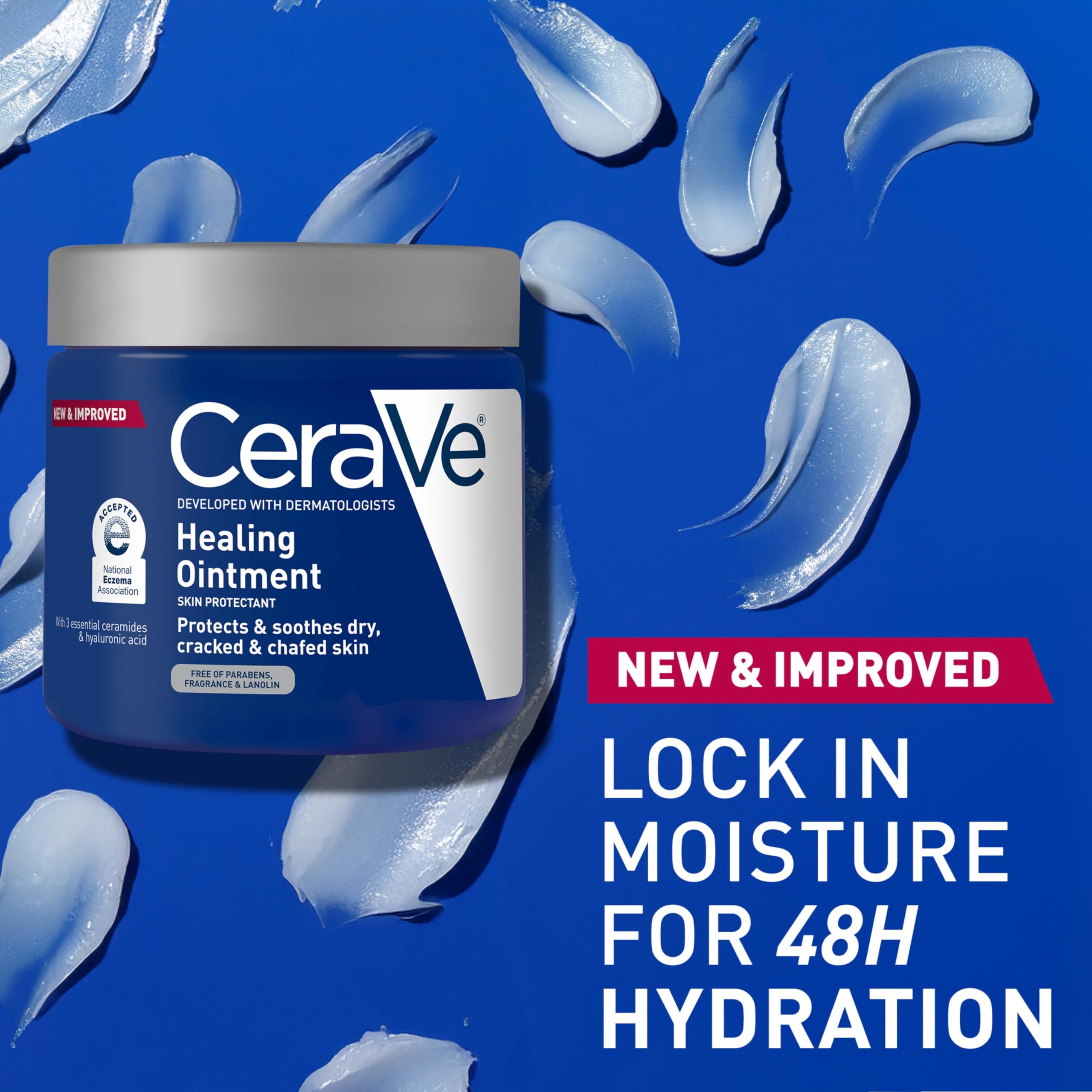 CeraVe Healing Ointment ingredient label emphasizing ceramides and hyaluronic acid benefits