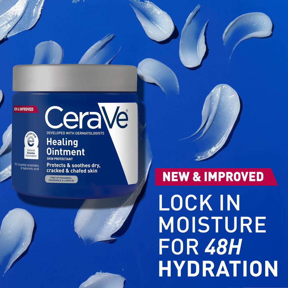CeraVe Healing Ointment ingredient label emphasizing ceramides and hyaluronic acid benefits