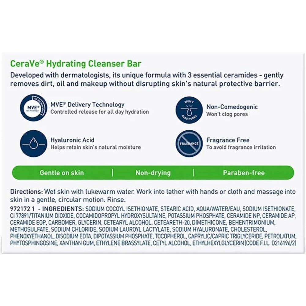 CeraVe cleansing bar highlights ceramides and hyaluronic acid for barrier-supporting care.