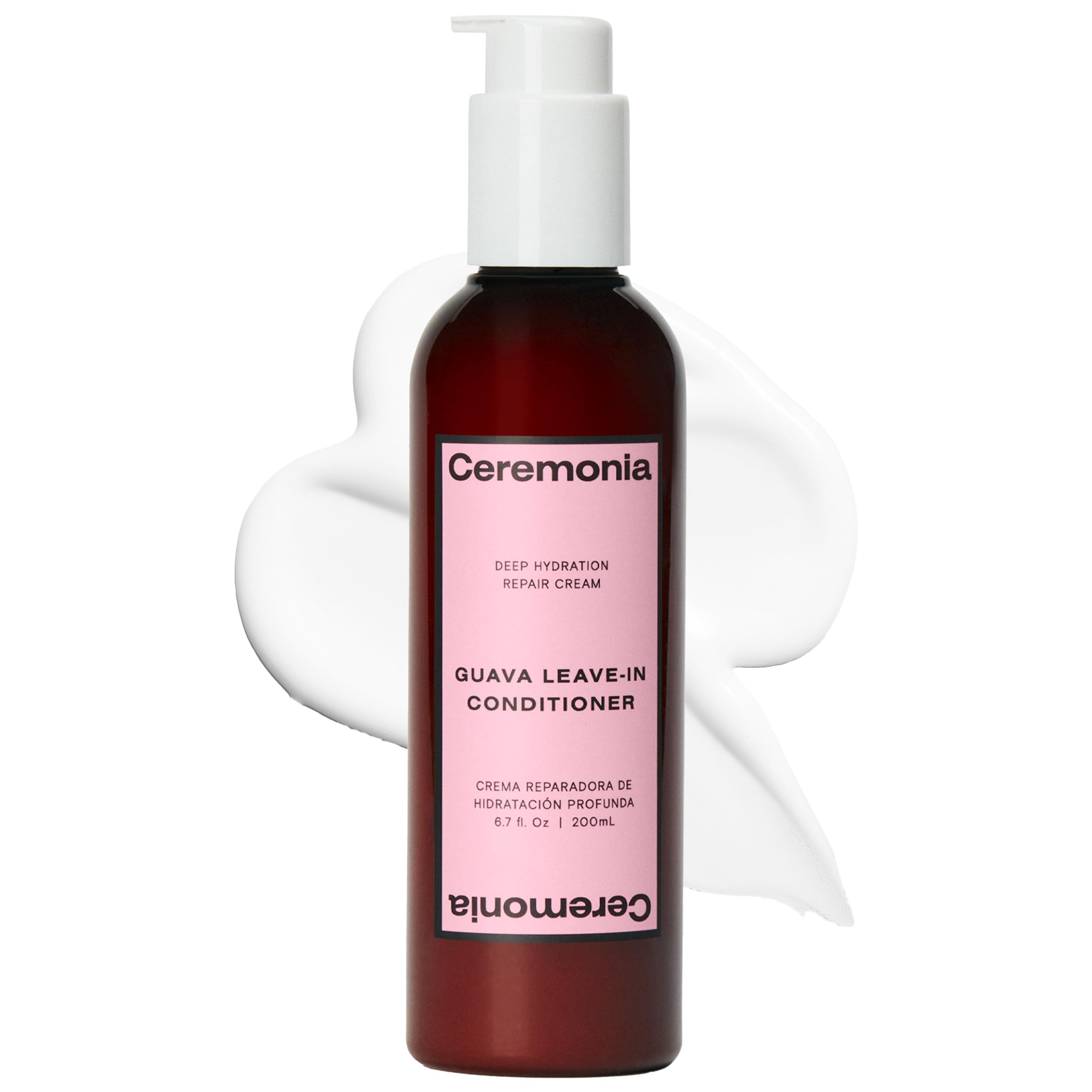 Ceremonia Guava Leave-In bottle pour demonstrates easy application and hydration boost.