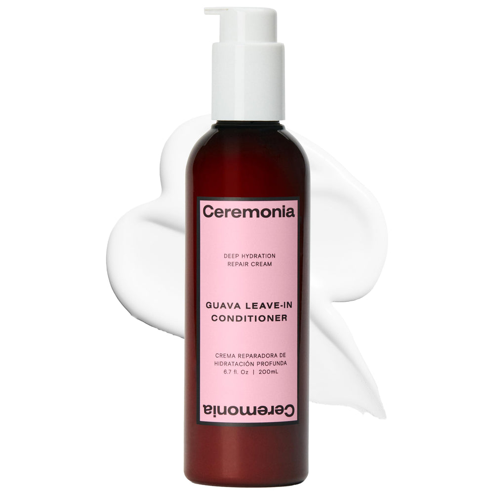 Ceremonia Guava Leave-In bottle pour demonstrates easy application and hydration boost.