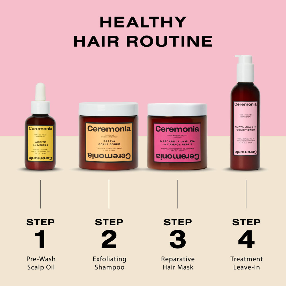 Ceremonia Guava Leave-In near color-treated hair hints at UV defense and color protection.