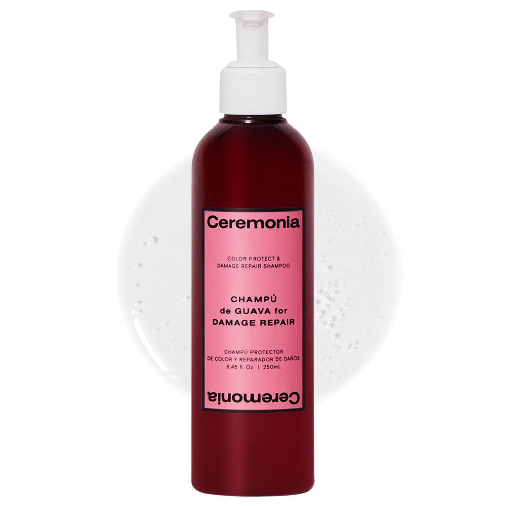 Ceremonia Guava Protect & Repair Shampoo bottle pouring for gentle cleansing.