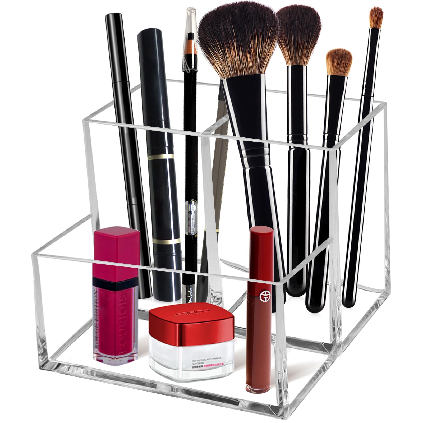 Cerpourt Clear Acrylic Makeup Brush Organizer front view with three slots for easy reach
