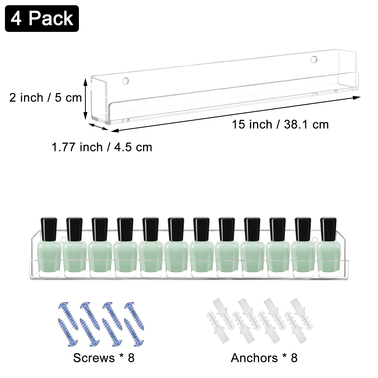 Cerpourt wall-mounted shelves save counter space in a busy nail studio.