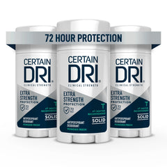 Certain Dri Extra-Strength Clinical Antiperspirant Solid bottle for long-lasting sweat and odor protection.