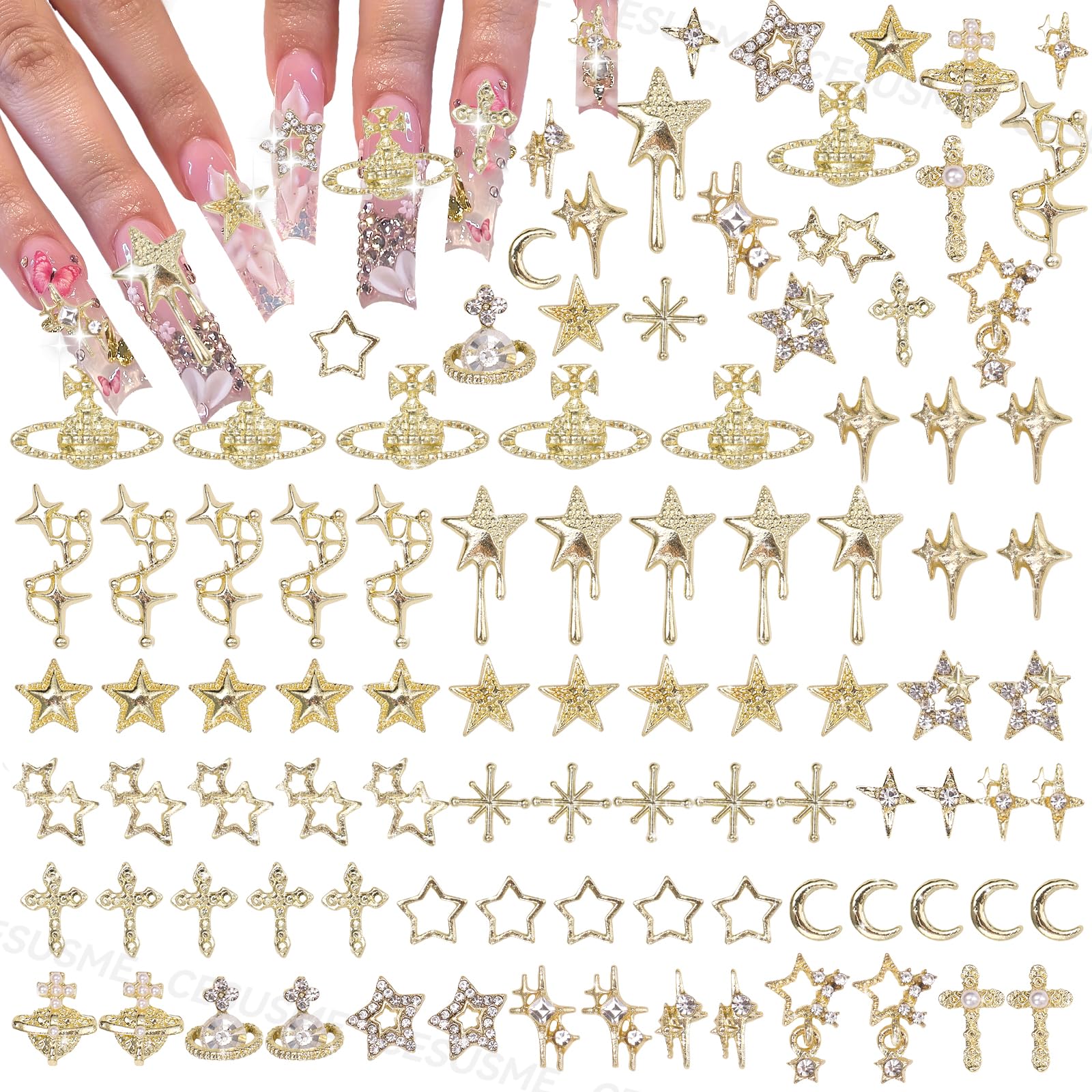 CESUSME gold star cross nail charms collection close-up highlighting radiant metallic shine for durable nail art