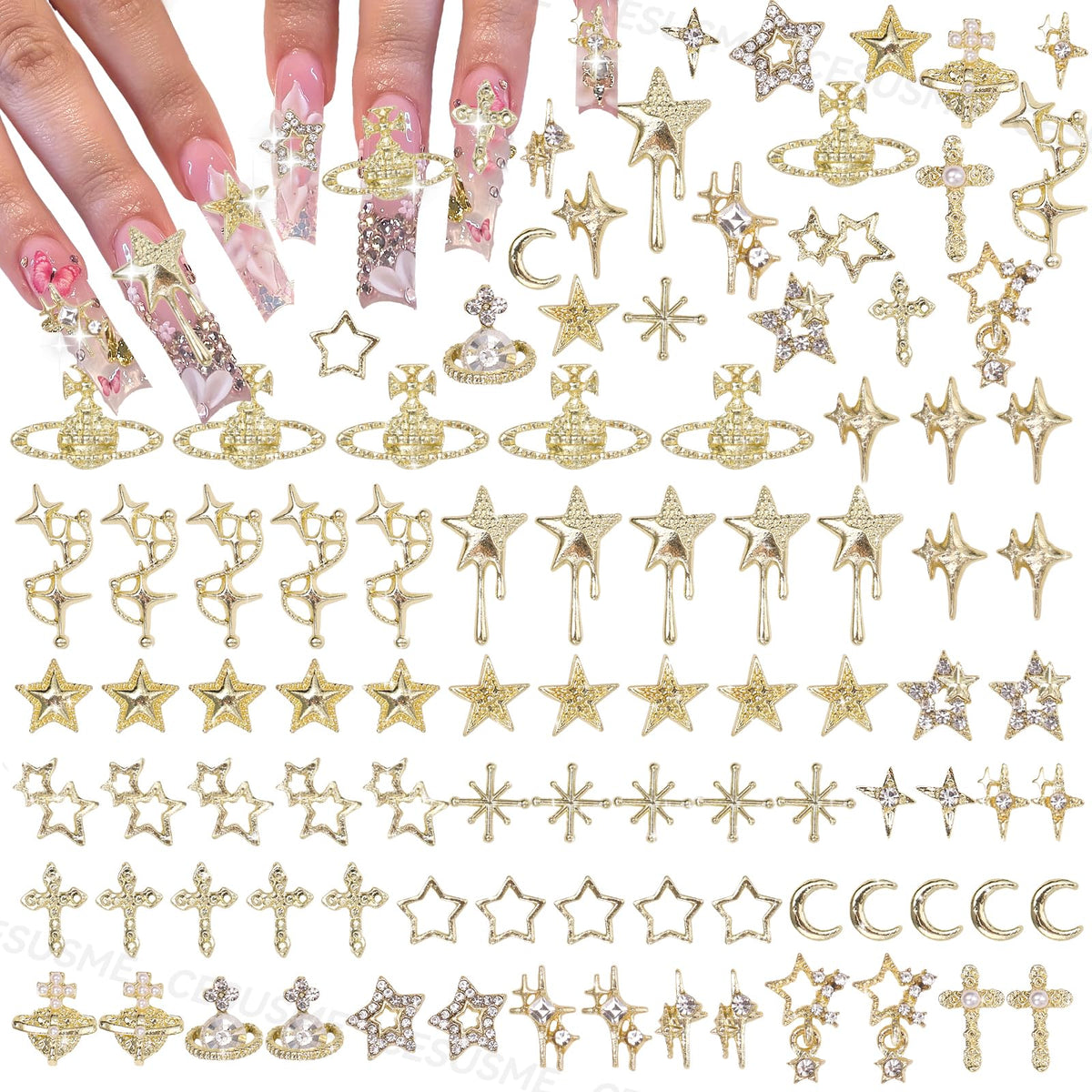 CESUSME gold star cross nail charms collection close-up highlighting radiant metallic shine for durable nail art