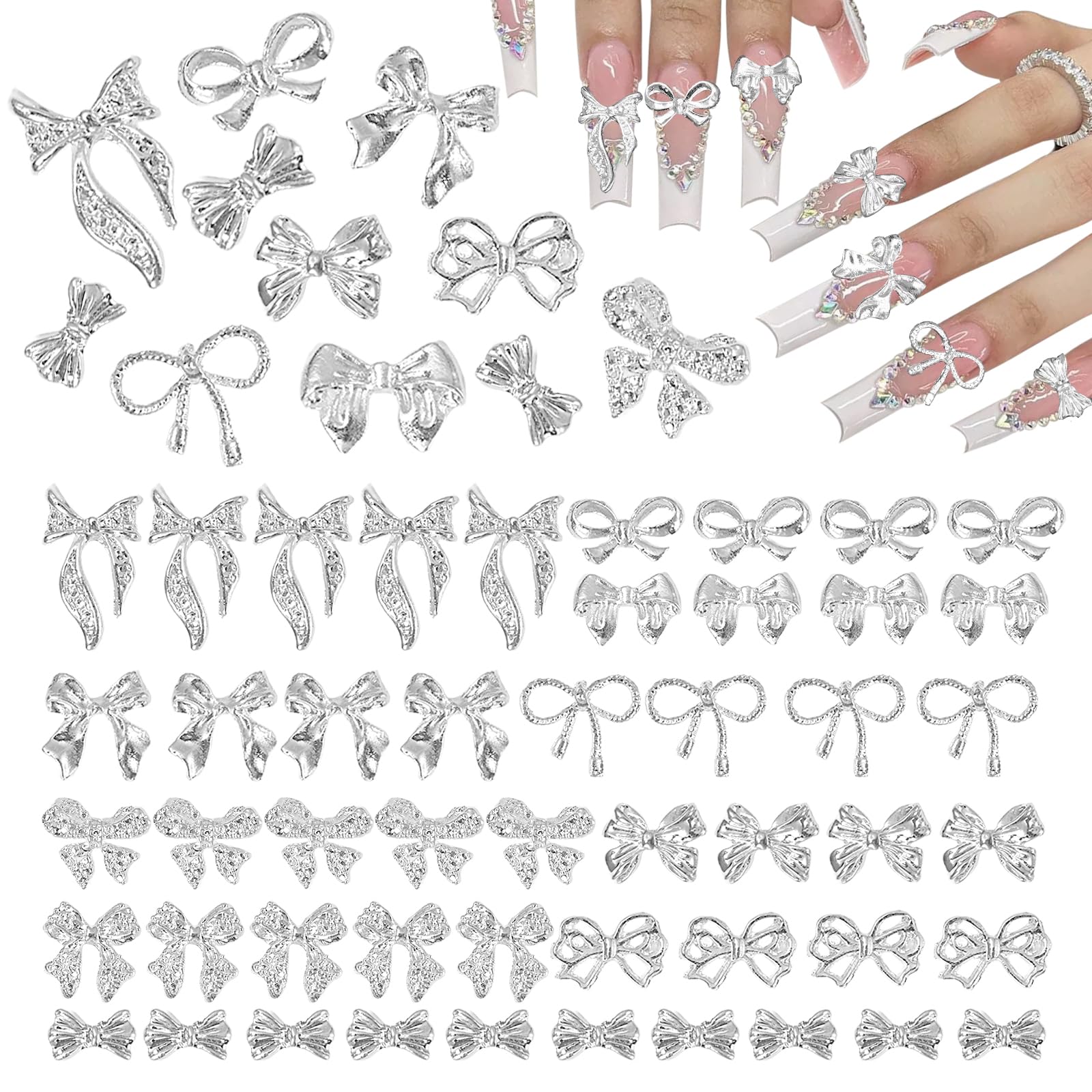 CESUSME silver bow nail charm style-1 for easy glitter nail art