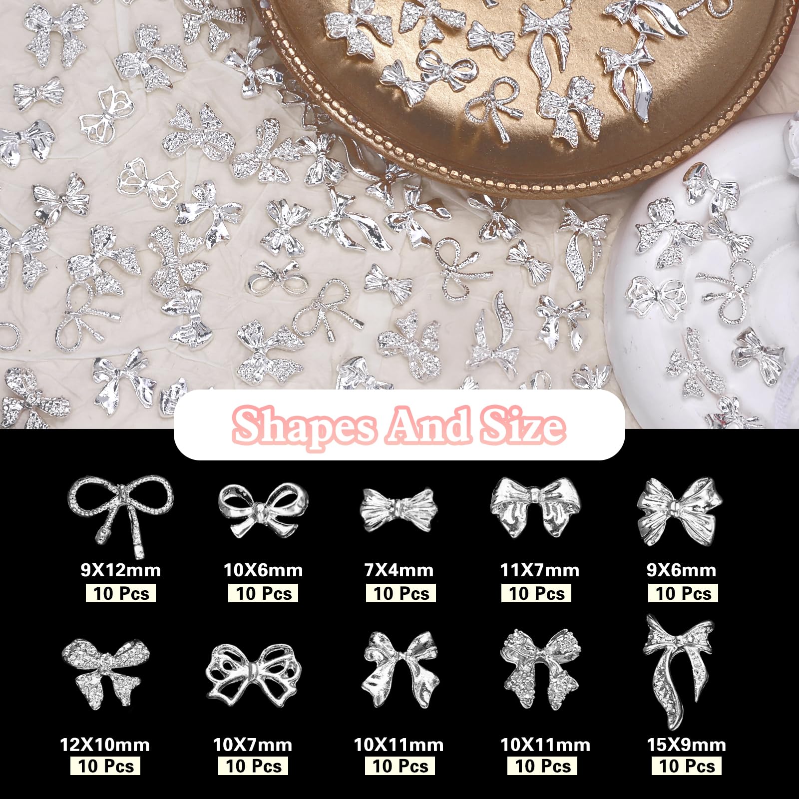 CESUSME silver bow nail charm style-2 great for quick DIY nail art
