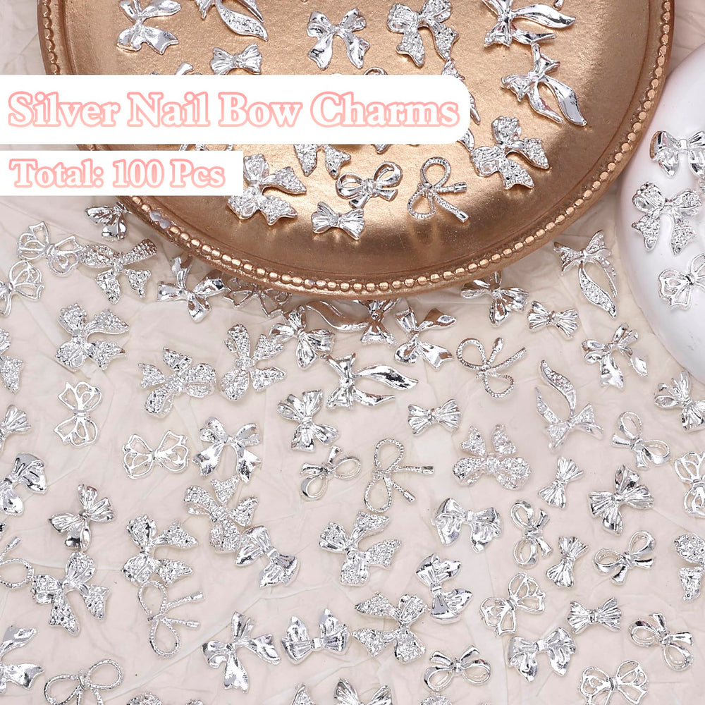 CESUSME silver bow nail charm style-3 easy-to-apply on faux nails