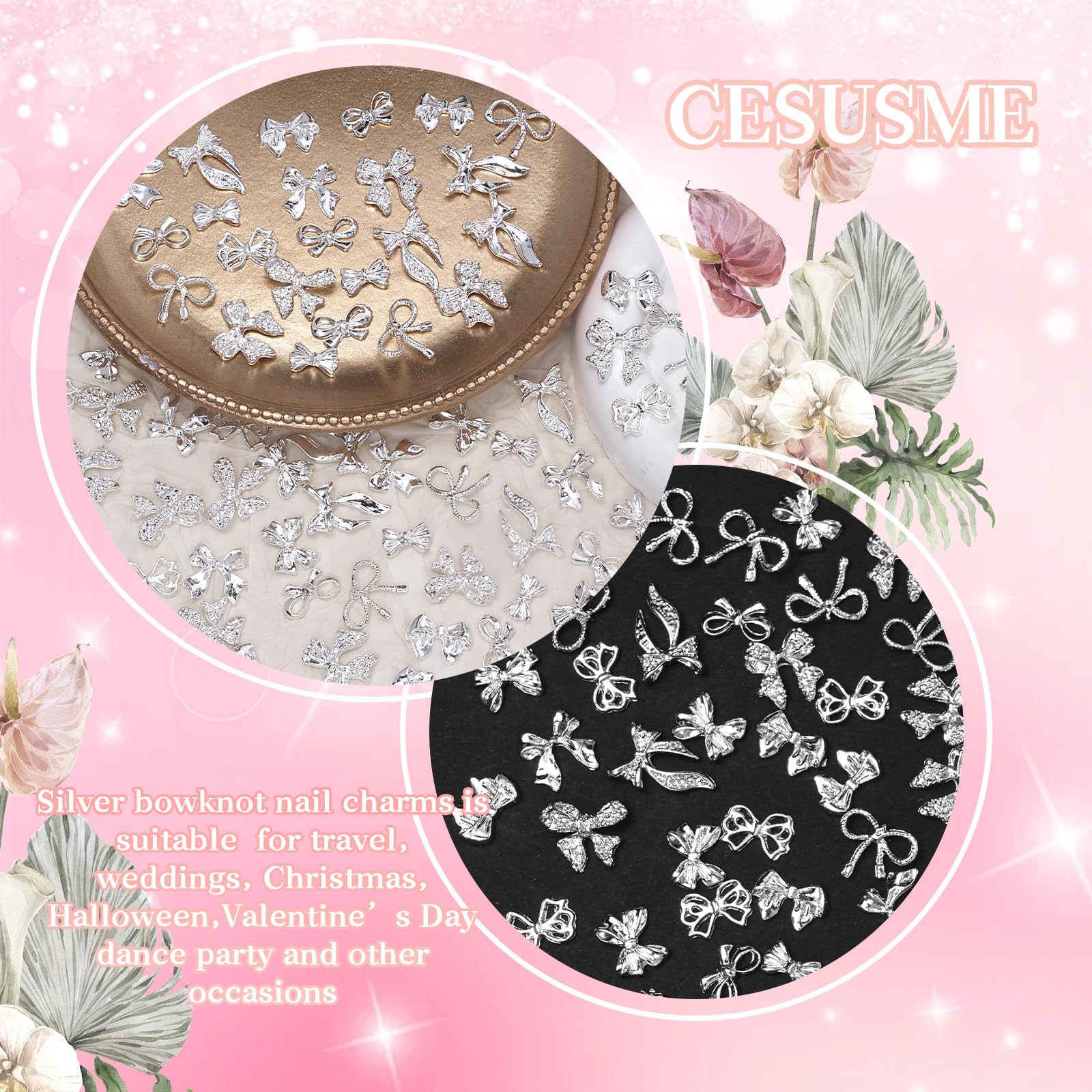 CESUSME silver bow nail charm style-4 adds subtle sparkle on natural nails