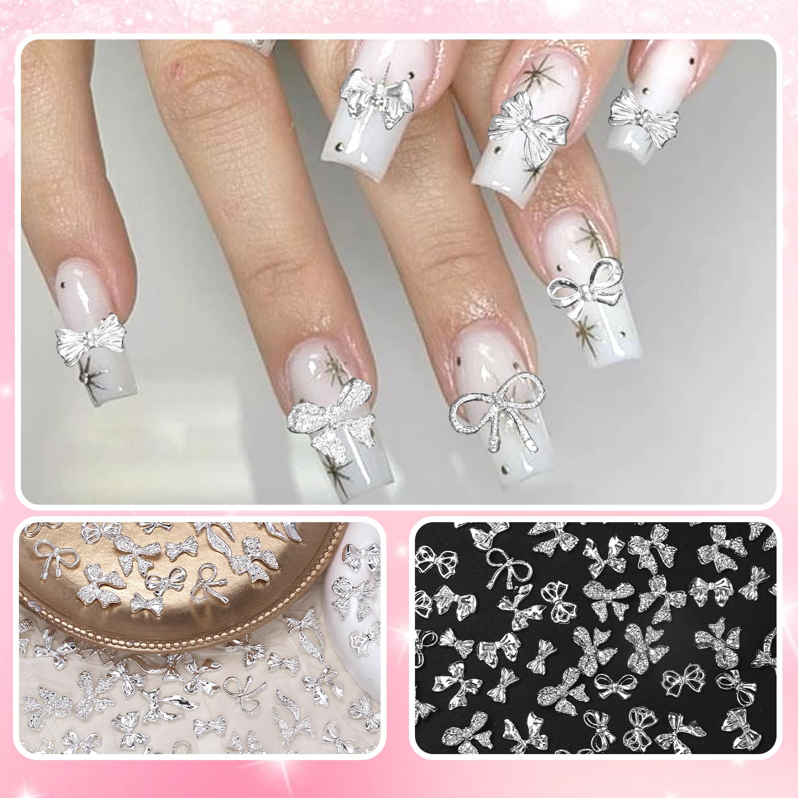 CESUSME silver bow nail charm style-7 press-on friendly glitter accent