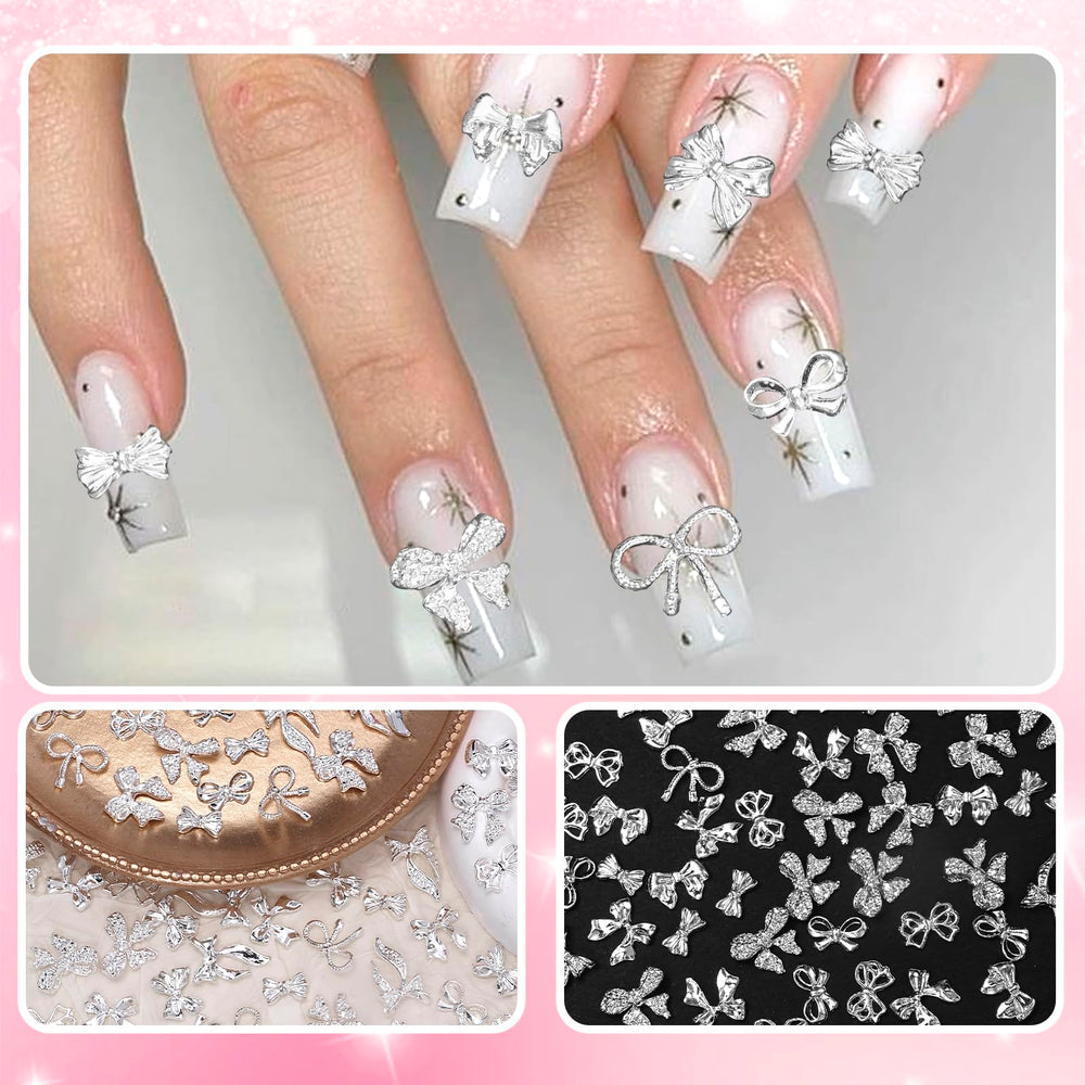 CESUSME silver bow nail charm style-7 press-on friendly glitter accent