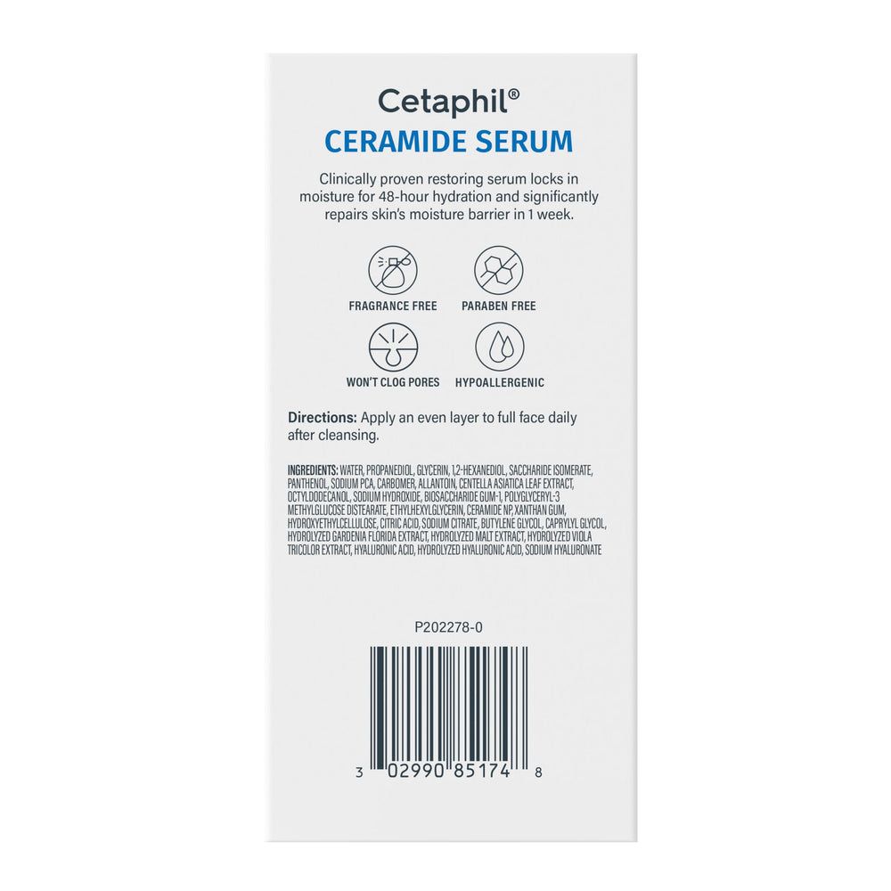 Cetaphil Ceramide Serum ingredient-focused shot underscores ceramides and centella asiatica benefits.