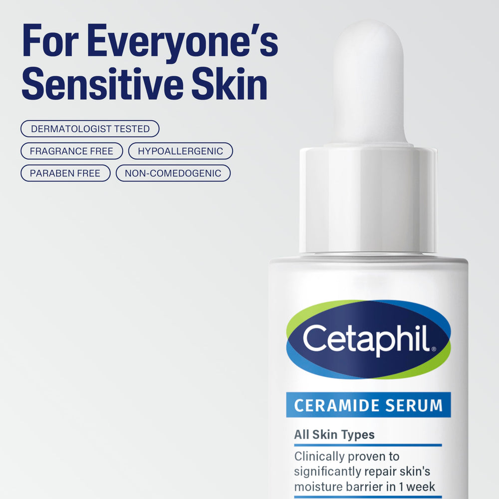 Cetaphil Ceramide Serum on skin suggests hydration and a subtle glow after use.
