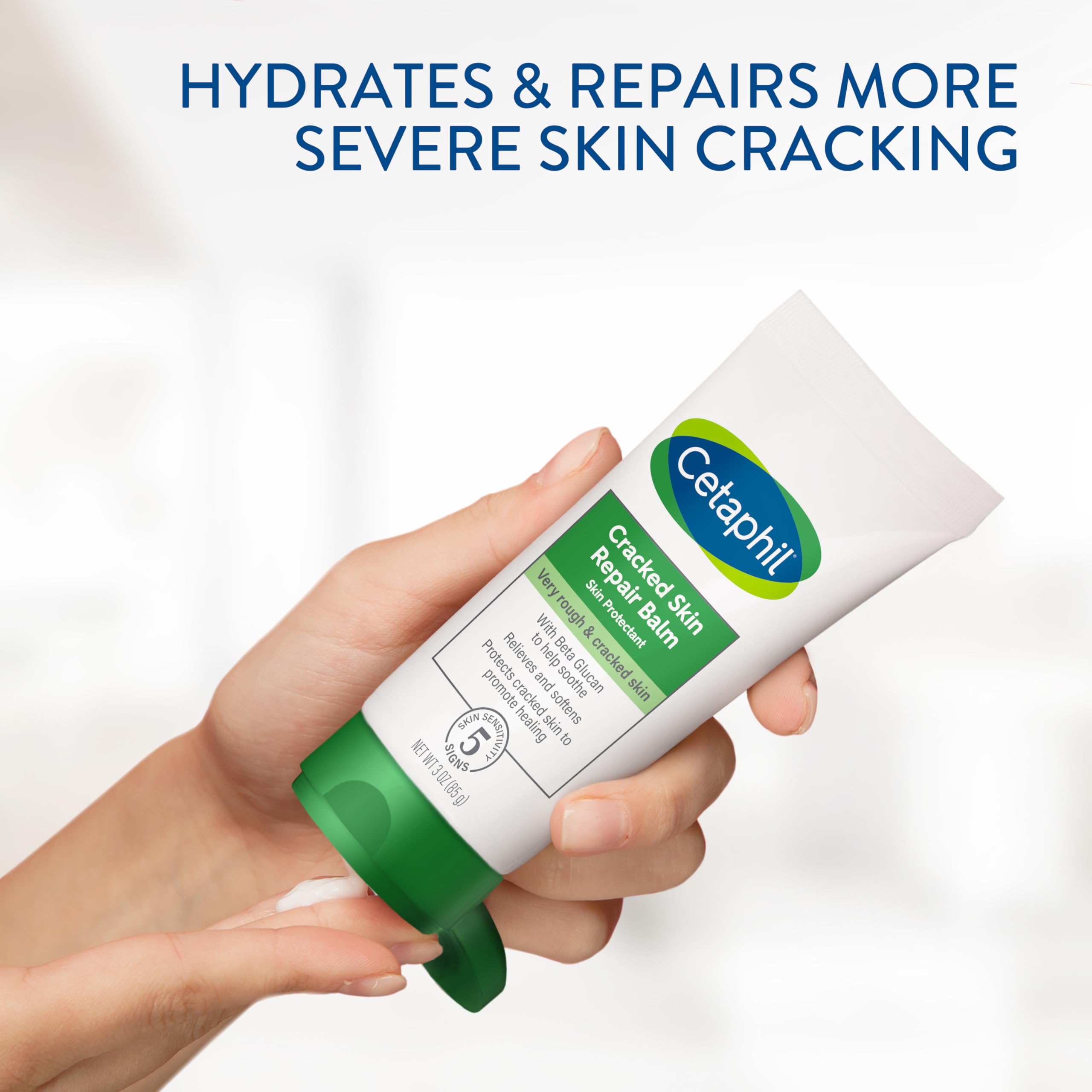 Cetaphil Cracked Skin Repair Balm on heel shows repair of rough, cracked skin.