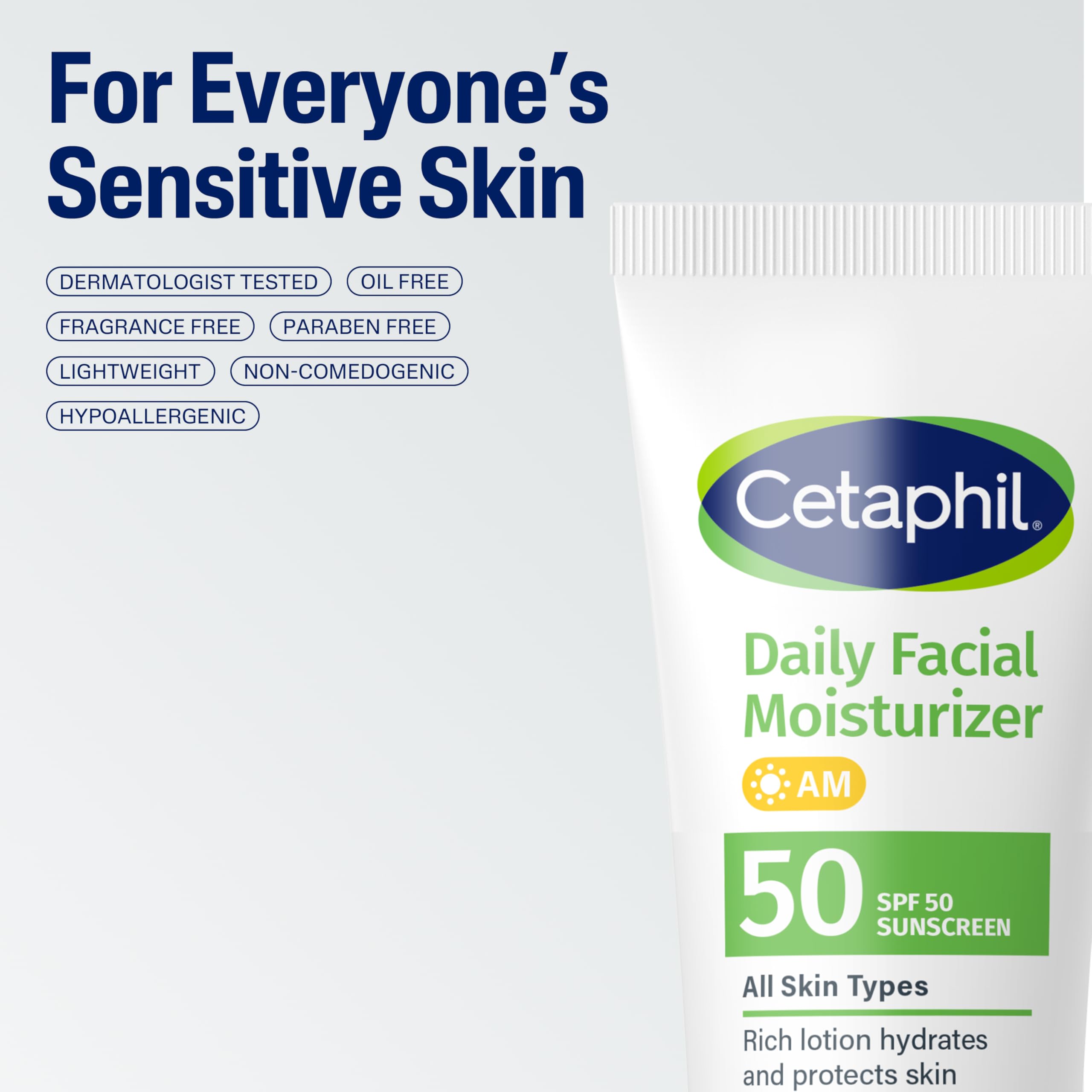 Cetaphil Daily Moisturizer SPF 50 dermatologist-recommended icon signals trusted daily protection.