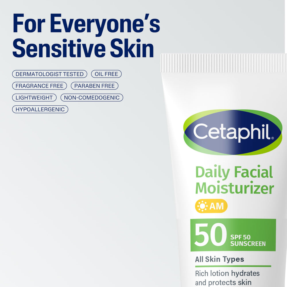 Cetaphil Daily Moisturizer SPF 50 dermatologist-recommended icon signals trusted daily protection.