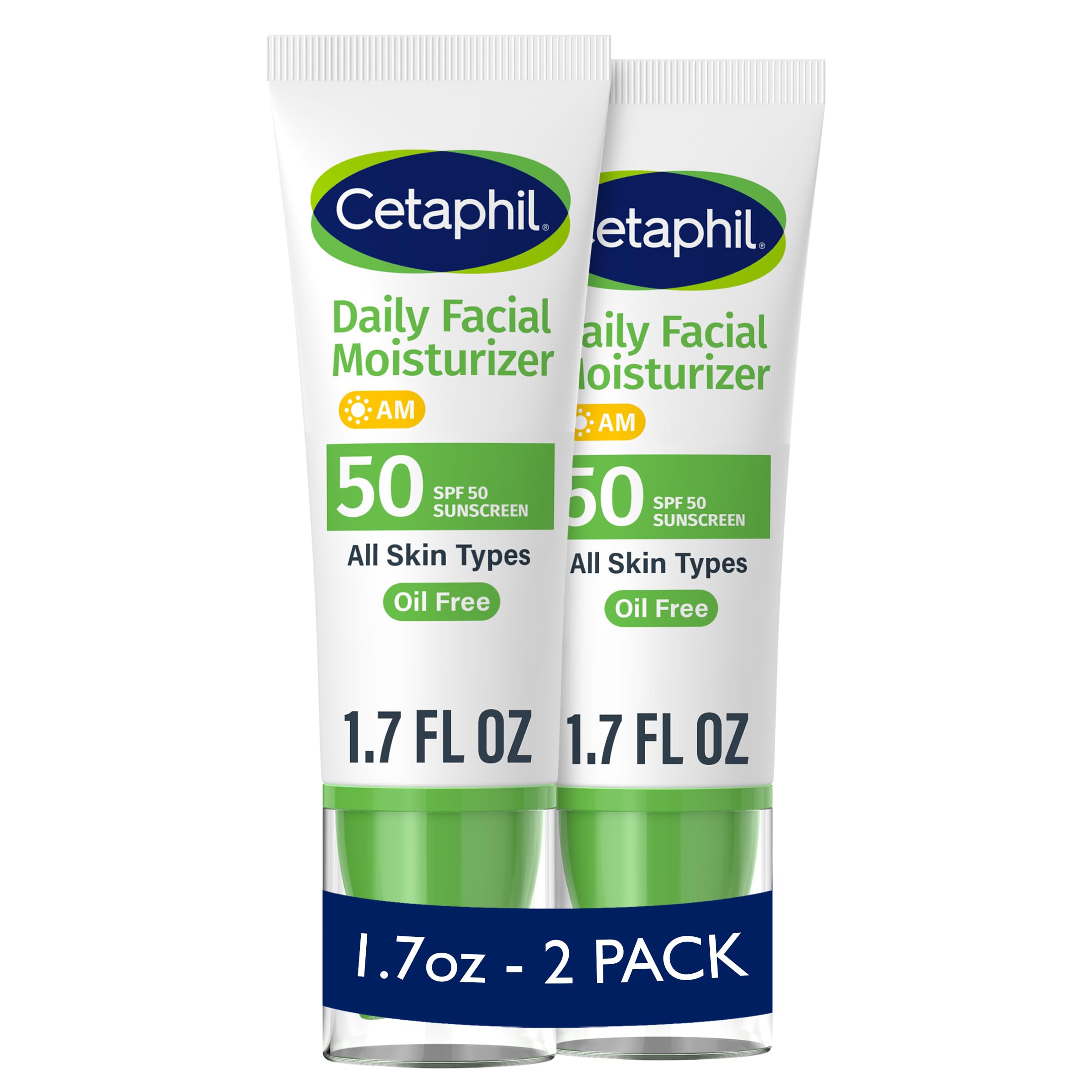 Cetaphil Daily Facial Moisturizer SPF 50 bottle demonstrates lightweight hydration and sun protection.
