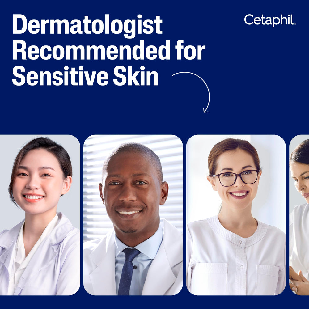 Sensitive-skin label and ophthalmologist-tested badge on Cetaphil packaging