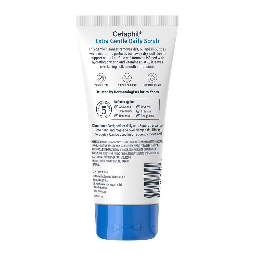 Cetaphil Exfoliating Face Wash packaging emphasizes 3-in-1 cleansing and gentle exfoliation.