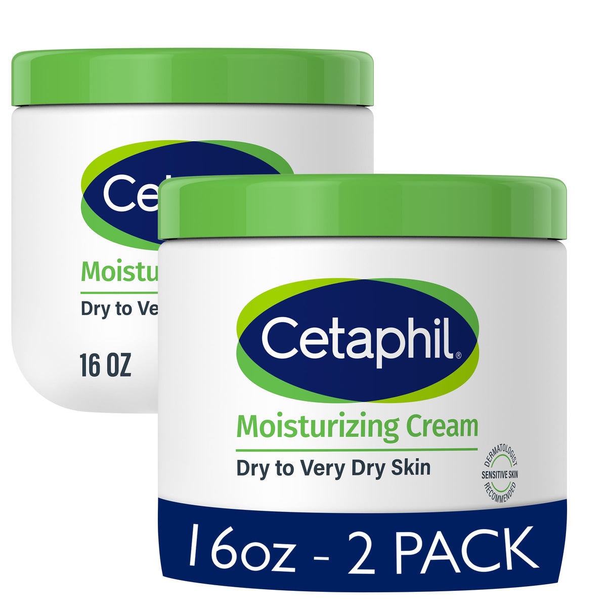 Cetaphil face & body moisturizer 16oz two-pack on display for everyday dry skin care.