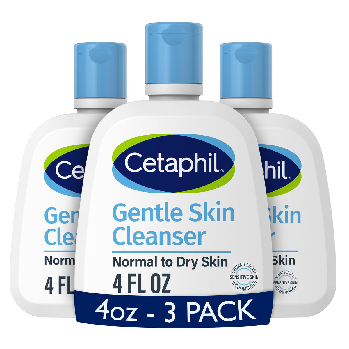 Cetaphil Face Wash 4oz 3-Pack packshot showing a hydrating, fragrance-free cleanser for sensitive skin.