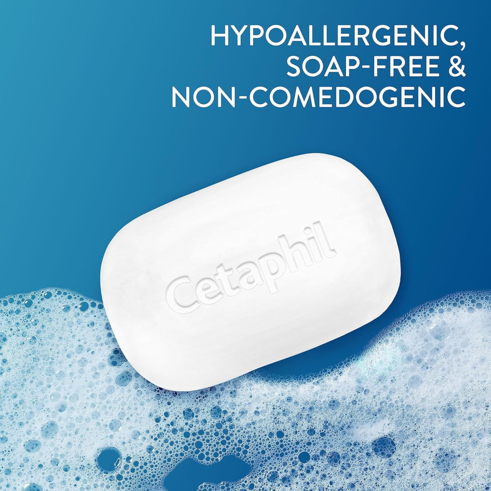 Cetaphil Gentle Cleansing Bar foamy lather close-up highlights soap-free cleansing.