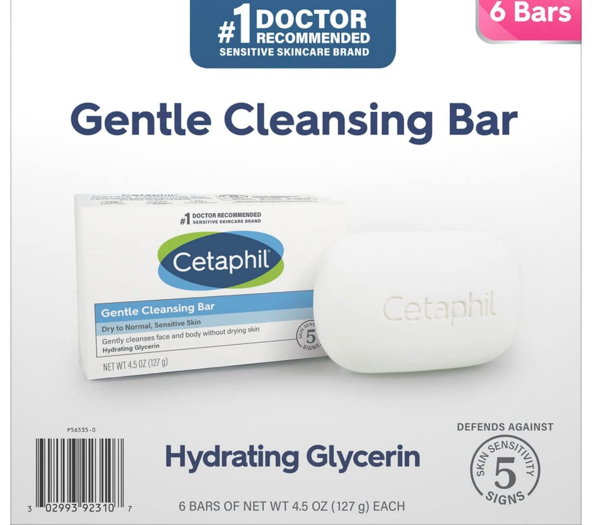 Cetaphil Gentle Cleansing Bar 12-pack front view offering gentle cleansing for dry skin.