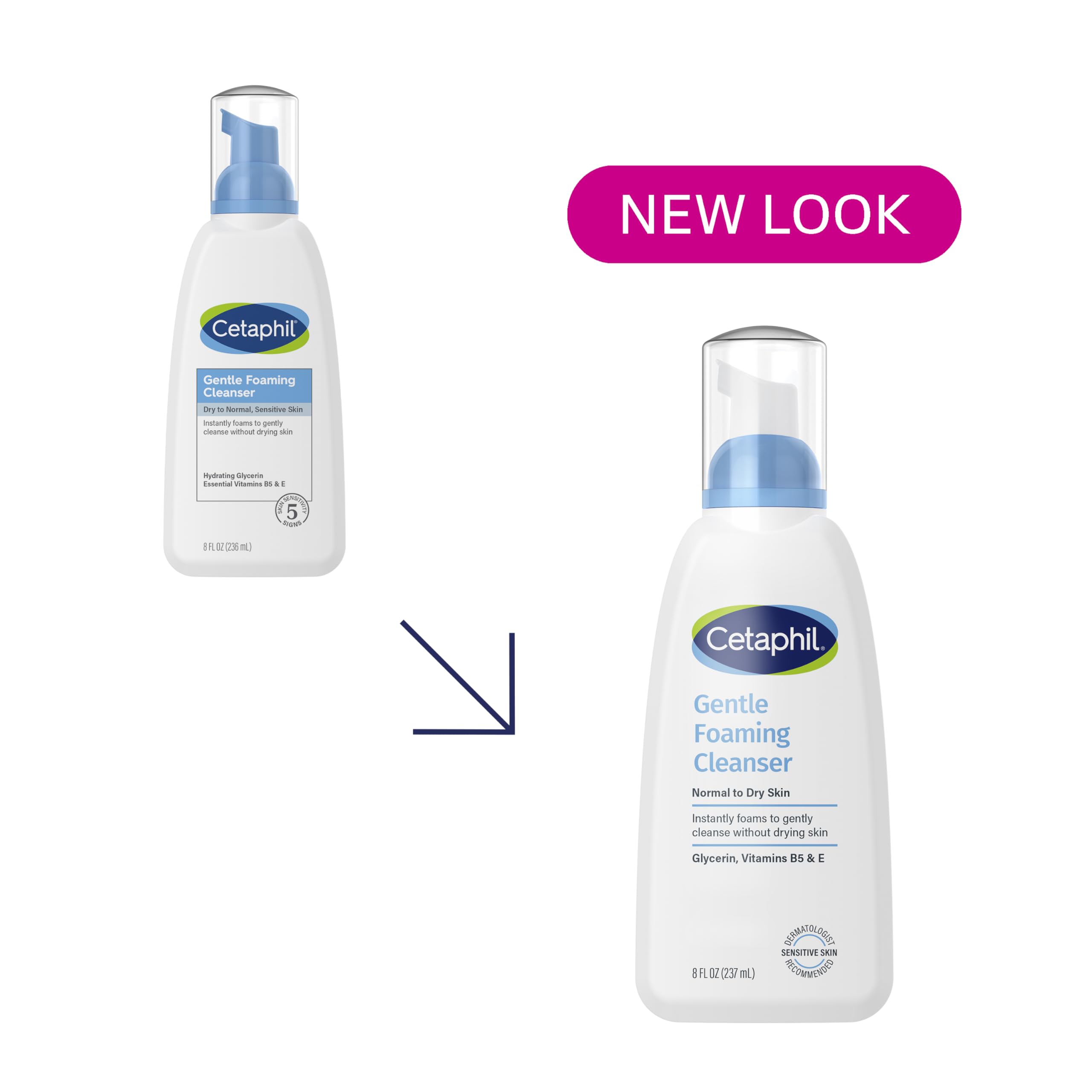 Cetaphil cleanser close-up shows glycerin and vitamins B5 and E for moisture balance