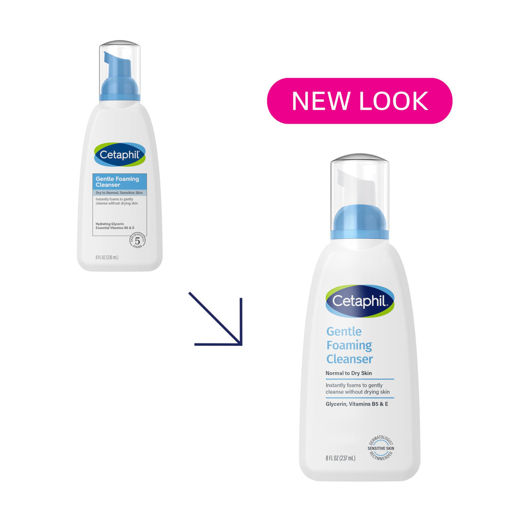 Cetaphil cleanser close-up shows glycerin and vitamins B5 and E for moisture balance