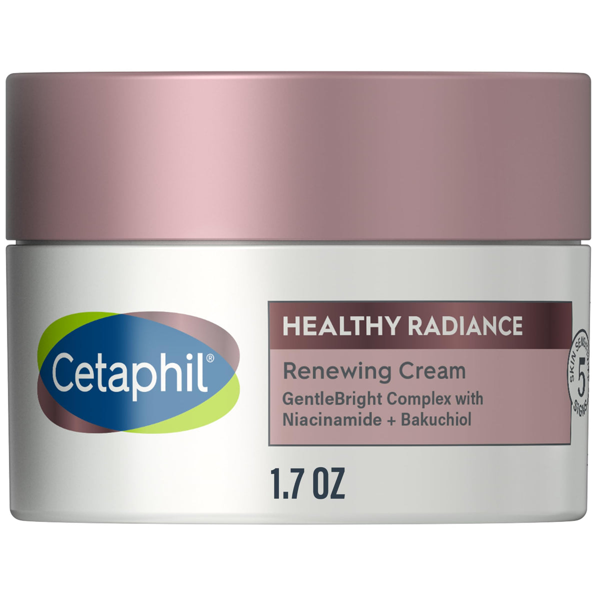 Cetaphil Healthy Radiance Renewing Cream bottle shows fragrance-free hydration for sensitive skin.