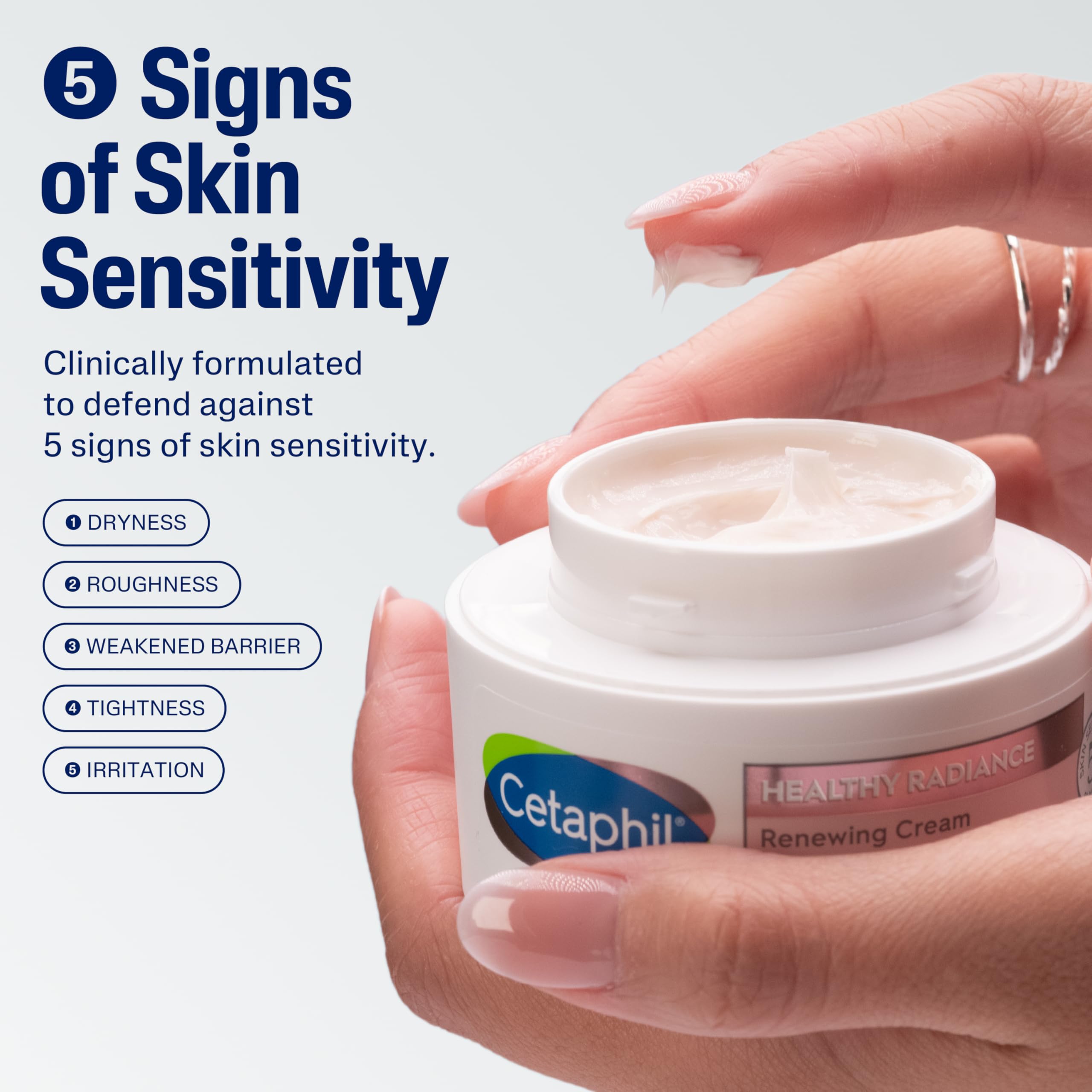 Cetaphil Healthy Radiance Renewing Cream swirl on hand demonstrates quick-absorbing souffle texture.