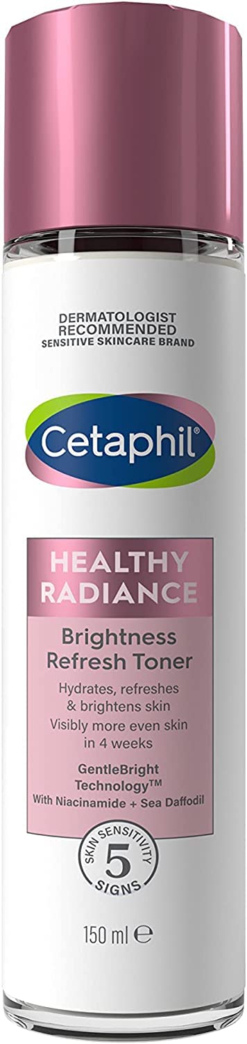 Cetaphil Healthy Radiance Toner bottle close-up for a refreshing brightening step.