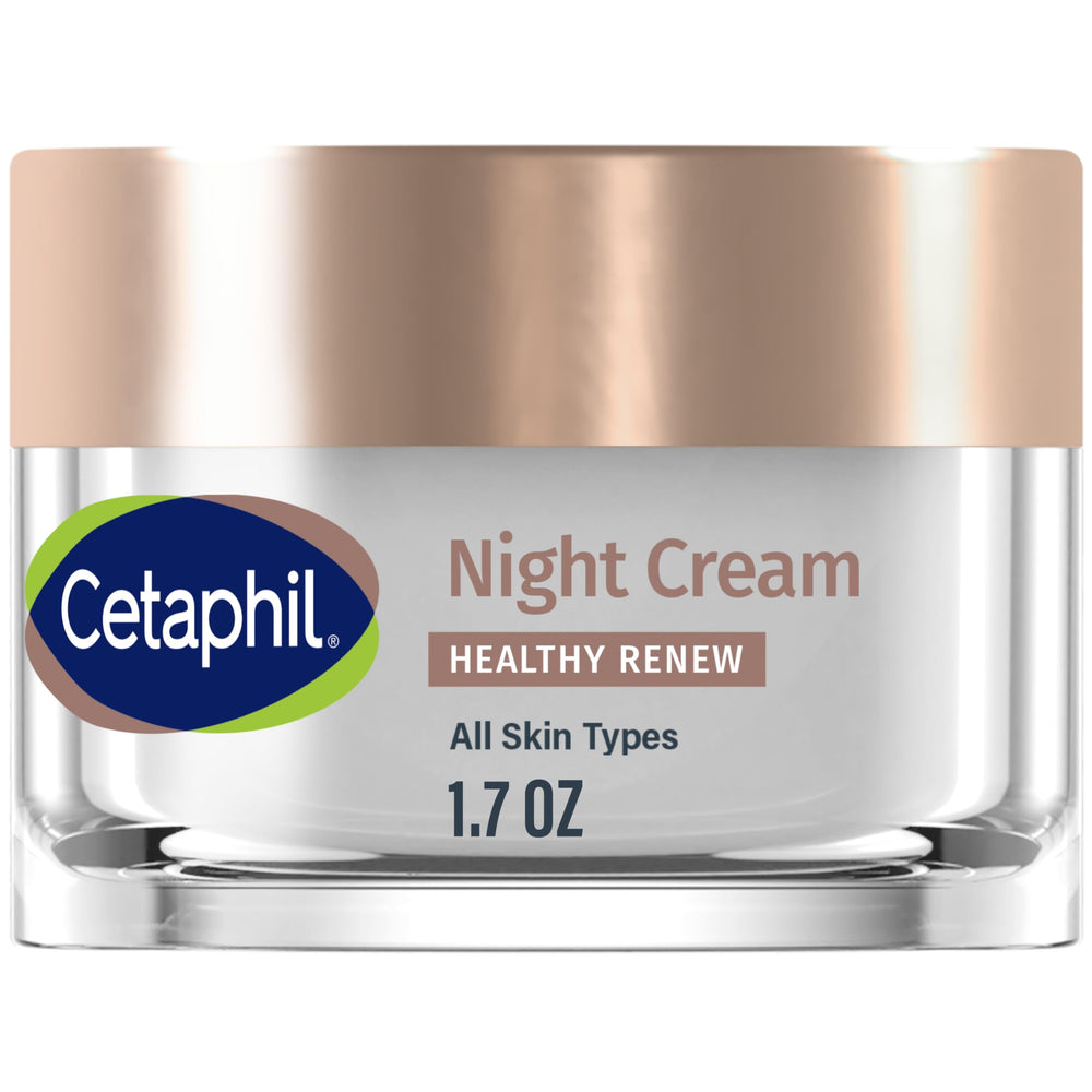 Cetaphil Healthy Renew Night Cream jar closeup, fragrance-free formula for sensitive skin.